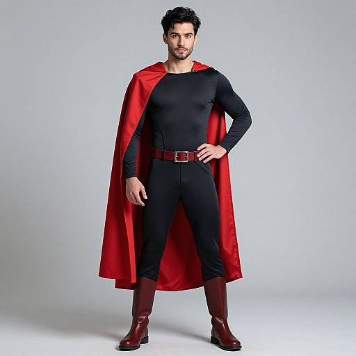 Photograph of a muscular, dark-haired man with a beard, wearing a black bodysuit, red cape, brown belt, and boots, standing