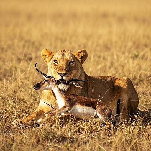 Lioness Hunting in Sunlit Savanna