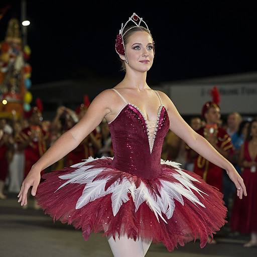Photograph of a ballerina in a maroon and white tutu, sparkling corset, tiara, and white tights, performing on