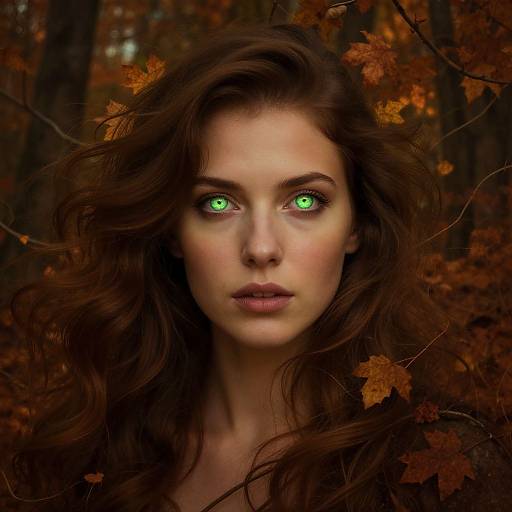 Photorealistic digital portrait of a young woman with vibrant green eyes, wavy brown hair, surrounded by autumn leaves in a forest.