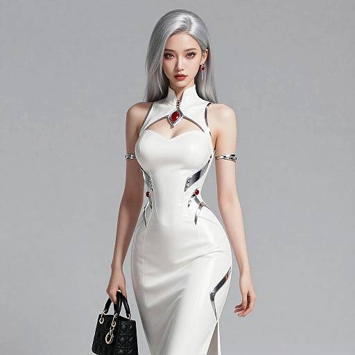 Digital art of an Asian woman with silver hair, wearing a tight white dress with red accents, holding a black handbag, against a plain gray background
