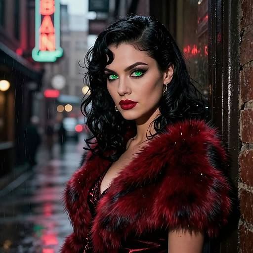 Photograph of a striking woman with green eye makeup, black curly hair, and red lipstick, wearing a maroon fur coat, standing in a rainy