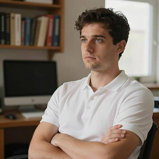 Man in White Polo with Bookshelf Background