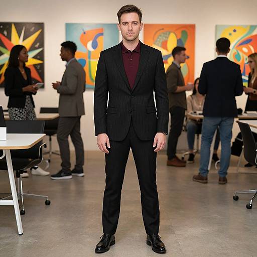 Photograph of a handsome man in a black pinstripe suit, maroon shirt, standing in a modern art gallery with colorful abstract paintings and casually