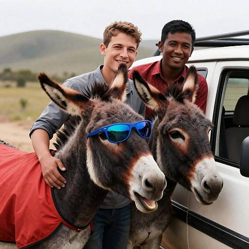 Two Men with Donkeys in Outdoor Setting