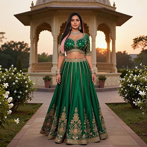 Photograph of a South Asian woman with long black hair, wearing a green embroidered traditional outfit, standing in front of a ornate pavilion at sunset