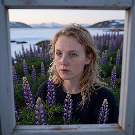 Photograph of a blonde, fair-skinned woman with blue eyes, freckles, and blue sweater, framed by purple lupine flowers, with