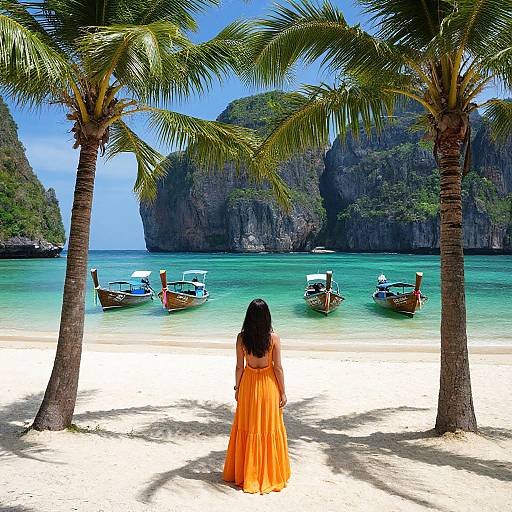 Photograph of a woman in a flowing orange dress standing on a sunny tropical beach, facing five wooden boats under palm trees, with towering limestone cliffs in