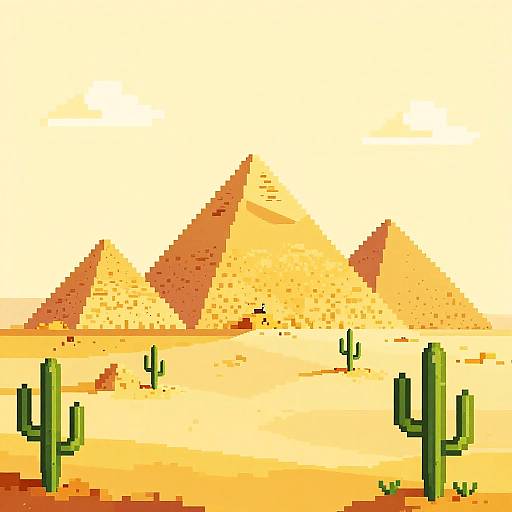 Pixel art of a desert with three orange pyramids in the background and green cacti in the sandy foreground. Bright yellow sky.