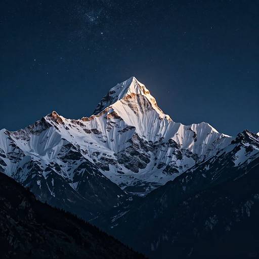 Photograph of a snow-capped mountain peak glowing under a starry night sky, with rugged, dark shadows on the lower slopes.
