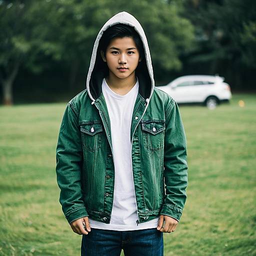 Teen Boy in Green Denim Jacket with Hood Outdoors