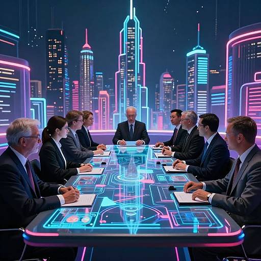 Photograph of a futuristic business meeting with eight men in suits, neon-lit cityscape background, glowing conference table, high-tech ambiance.