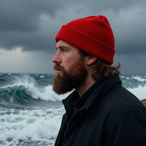 Photograph of bearded man with red beanie, black jacket, profile view, gazing at ocean waves under cloudy sky.