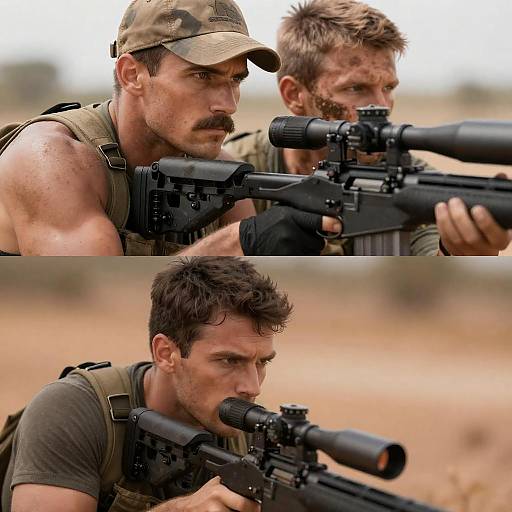 Two Men in Sniper Position with Rifles