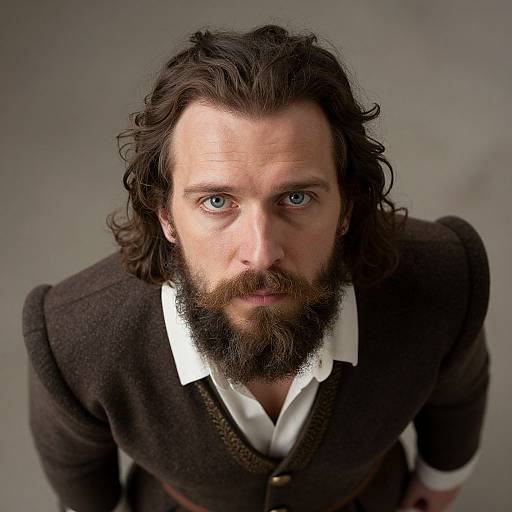 Photograph of a bearded man with blue eyes, wavy dark brown hair, wearing a black textured jacket and white shirt, looking up intently