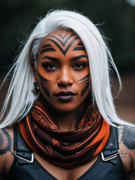 Futuristic Woman with White Hair and Facial Tattoos