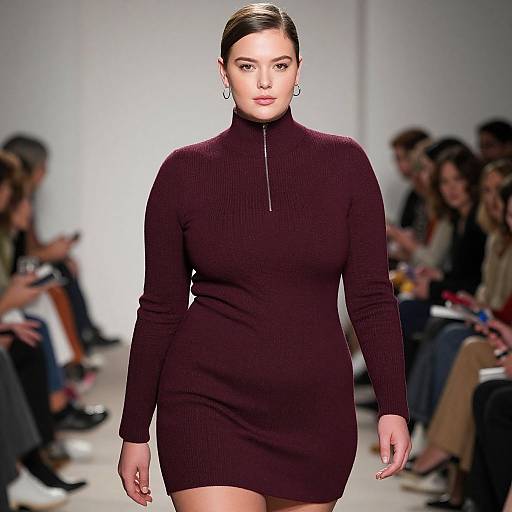 Photograph of a confident Asian woman with dark hair in a sleek bun, wearing a form-fitting, long-sleeve, maroon rib-k