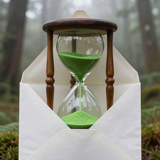 Photograph of a green sand hourglass with wooden frame, set inside an open white envelope, against a misty forest background.