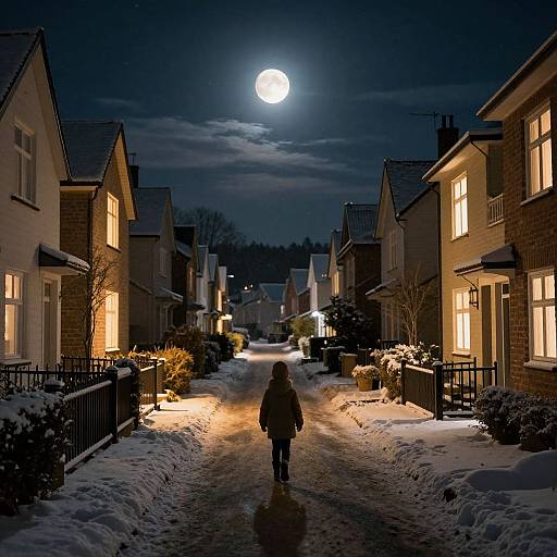 Photograph of a snow-covered suburban street at night, illuminated by moonlight and house lights. A solitary figure walks down the path, flanked by