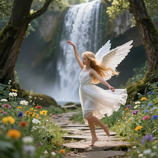 Photograph of a blonde angelic woman with white wings, flowing white dress, and raised arm, walking barefoot on stone path through vibrant flower garden