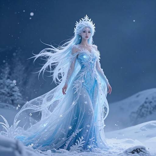 Digital artwork of a glowing, ethereal ice queen in a snowflake-adorned, flowing blue gown, standing in a snowy, starlit forest