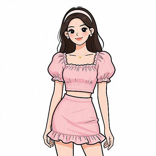 Digital anime-style illustration of a young woman with long black hair, wearing a pink, puffy-sleeved crop top and matching skirt, white head