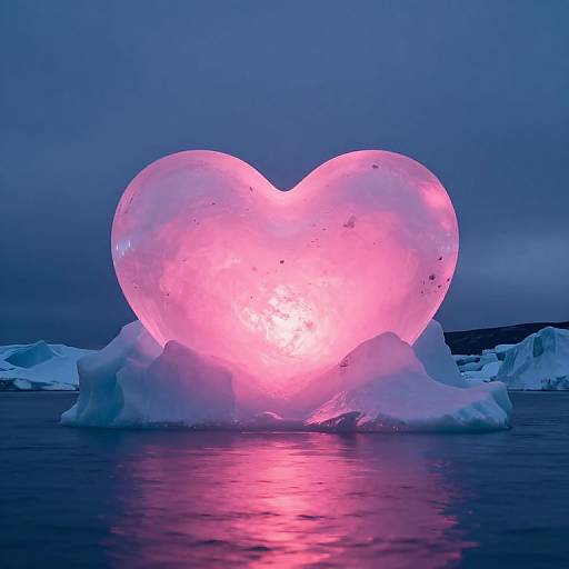 Photograph of a glowing pink heart-shaped ice sculpture on a frozen ocean, reflecting neon pink light against a dark, cloudy sky.