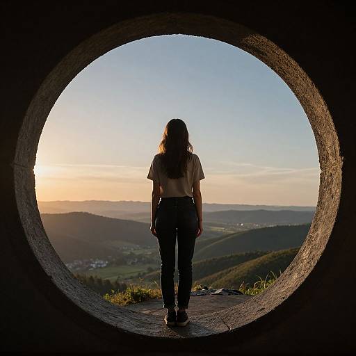 Photograph of a woman with long brown hair, back to the camera, standing in a circular stone frame, gazing at a sunset over rolling hills