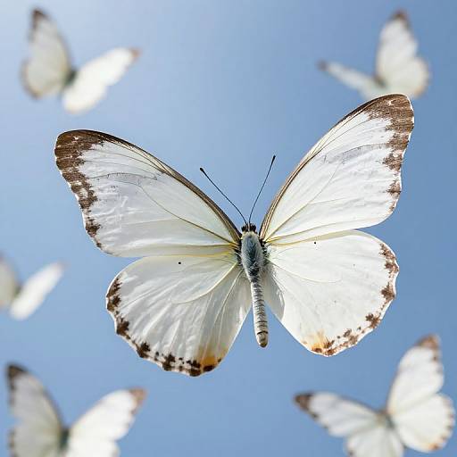 Photograph of a white butterfly with brown-tipped wings, flying against a bright blue sky, surrounded by blurred, similarly colored butterflies.