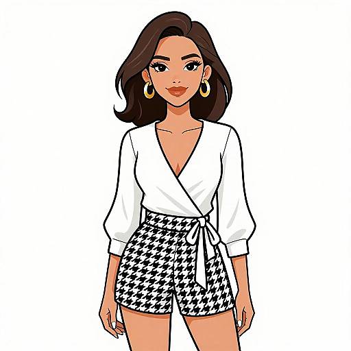 Digital illustration of a stylish woman with medium brown skin, black shoulder-length hair, wearing a white V-neck blouse, houndstooth shorts, and