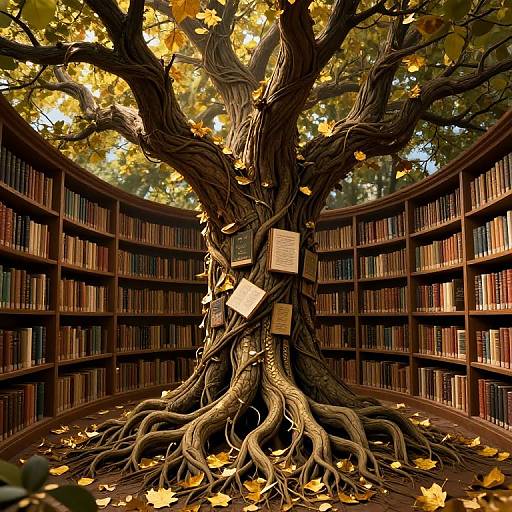 Photorealistic digital artwork of a majestic, ancient tree with twisted roots in the center of a circular, wooden bookshelf library, adorned with falling autumn
