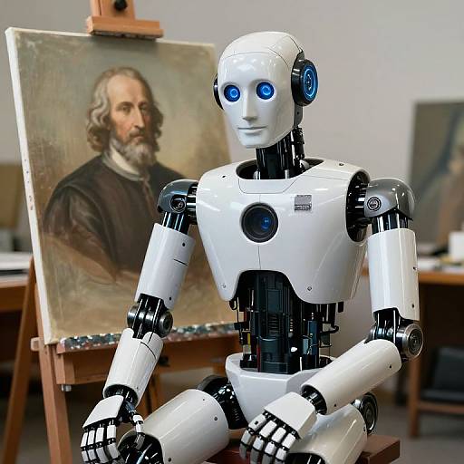 Photograph of a white robotic figure with blue eyes, sitting in front of a painted portrait of an older man with a beard.