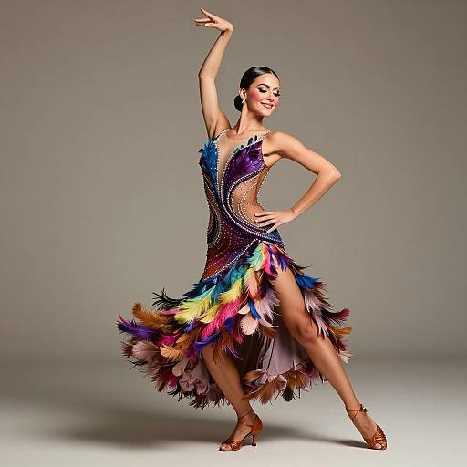 Photograph of a smiling ballerina in a colorful, feathered, sleeveless dress, posing gracefully with one arm raised and one leg bent.