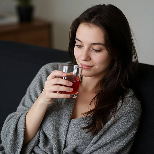 Photograph of a fair-skinned woman with long dark brown hair, wearing a gray textured robe, sipping a glass of red liquid, sitting on
