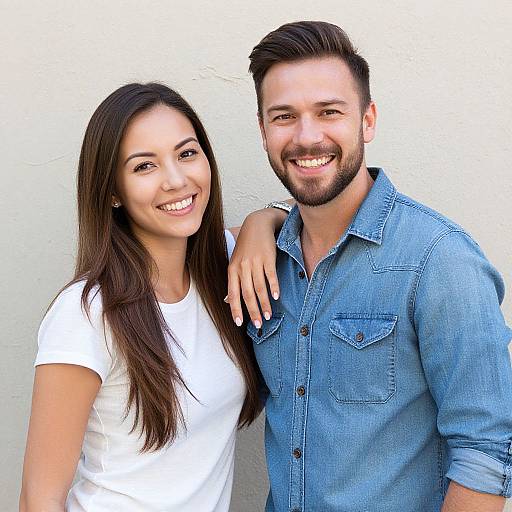 Photograph of a smiling couple; woman with long brown hair in white t-shirt, man with short brown hair and beard in blue shirt, standing against