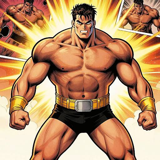 Muscular anime man with dark hair, tan skin, black shorts, gold wristbands, and belt, stands confidently against bright yellow comic-style background.