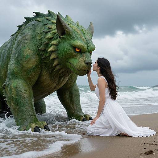 Photograph of a young woman in a white dress kneeling on a beach, gently touching the snout of a large, green, dragon-like creature with