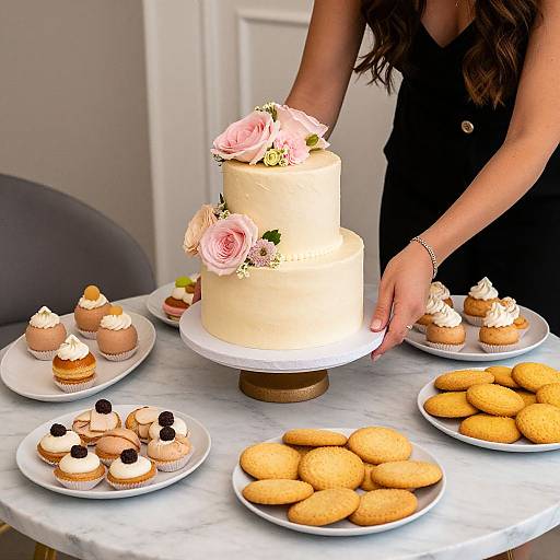 Photograph of a woman in black dress decorating a two-tiered white cake with pink roses, surrounded by cupcakes and cookies on a marble table.