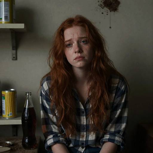 Sad Red-Haired Woman in Dim Room