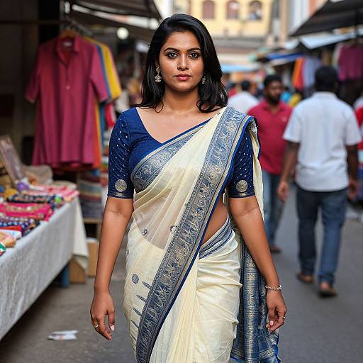 Photograph of a confident Indian woman with medium brown skin and black hair, wearing a white and blue saree with intricate silver borders, standing in a