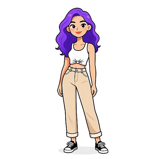 Digital drawing of a smiling young woman with vibrant purple hair, wearing a white crop top, high-waisted beige pants, and black sneakers.