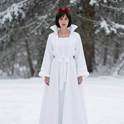 Photograph of a woman with short black hair, red bow, white robe, standing in a snowy forest, snow gently falling.
