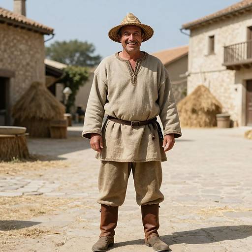 Photograph of a smiling middle-aged man in a beige medieval-style tunic, brown belt, boots, and straw hat, standing in a sunlit