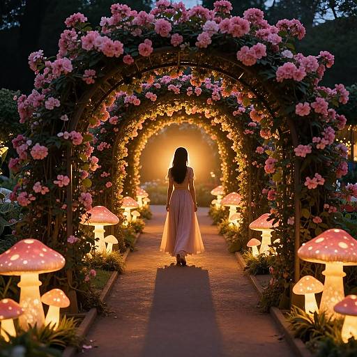 Photograph of a woman in a white dress standing in a pink-flowered archway tunnel with glowing mushrooms and fairy lights at dusk.