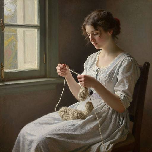 Photograph of a young woman with fair skin and brown hair in a white, loose-fitting dress, knitting near a sunlit window.