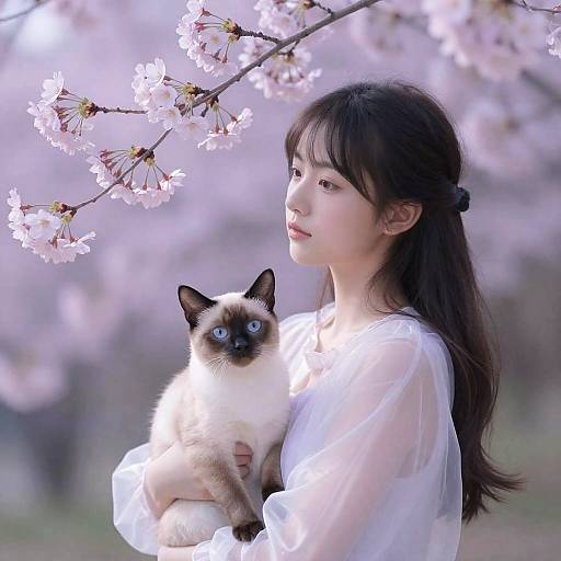 Teenage Girl and Siamese Cat in Cherry Blossoms