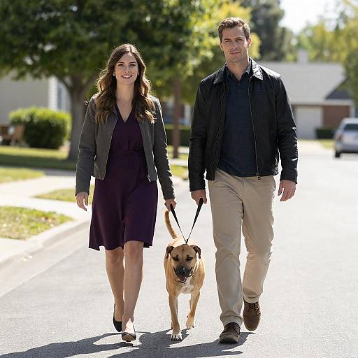 Sunny Stroll: Couple with Tan Dog