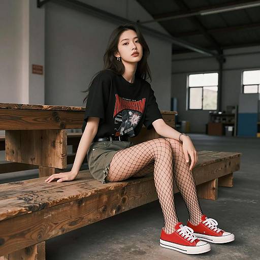 Young Woman in Urban Streetwear Sitting on Wooden Bench