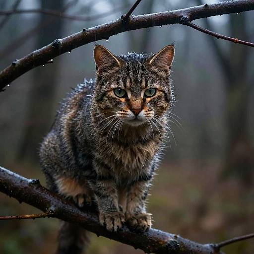 Melancholy Wet Cat in Rainy Forest