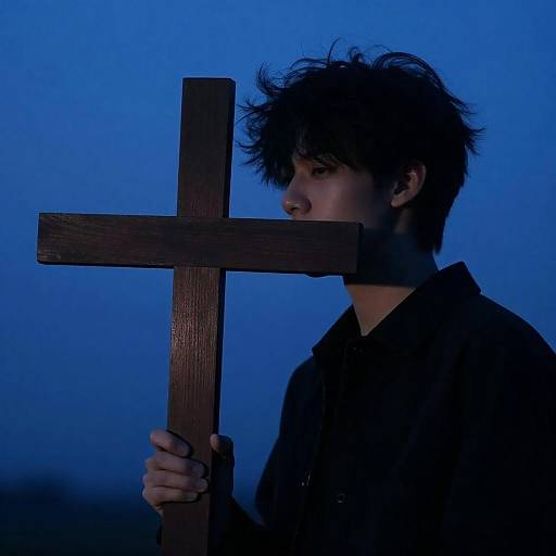 Blue Backlit Silhouette Holding Wooden Cross